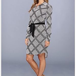 Shirt dress w/ tie belt - black & white print
